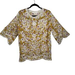 Solitaire Boho Floral Embroidered Tunic Blouse Crew Neck 3/4 Bell Sleeve Size M